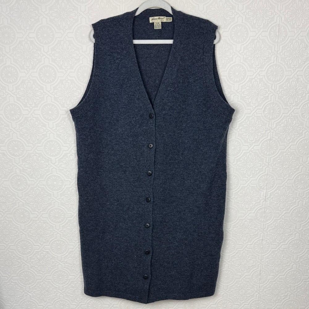 Vintage Eddie Bauer 100% Wool Sweater Vest Button Front Blue XXL Lagenlook‎ 90s